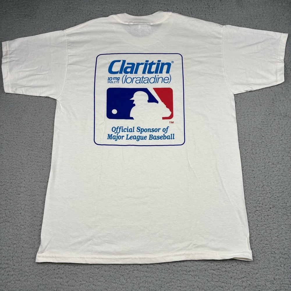Vintage MLB Claritin Official Sponsor T Shirt Mens Large White 90s Y2K Promo Tee